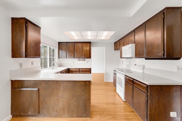 kitchen with sink, white appliances, dark brown cabinetry, light hardwood / wood-style floors, and kitchen peninsula