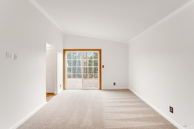 spare room with light colored carpet, ornamental molding, and lofted ceiling