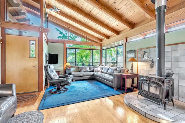 living room featuring wood finished floors, high vaulted ceiling, beam ceiling, a wood stove, and wooden ceiling