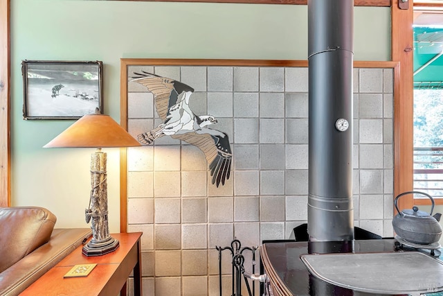 interior details featuring a wood stove