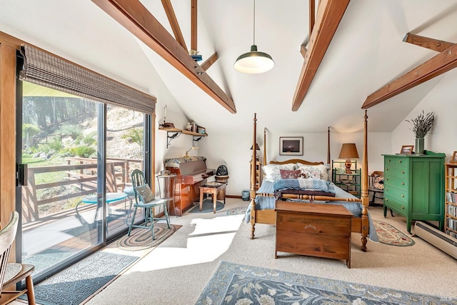 bedroom with light colored carpet, access to outside, and lofted ceiling with beams