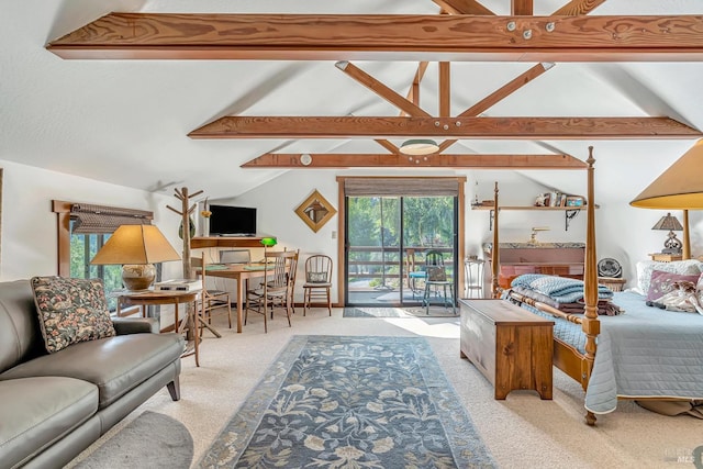 bedroom featuring access to exterior, light carpet, and vaulted ceiling with beams