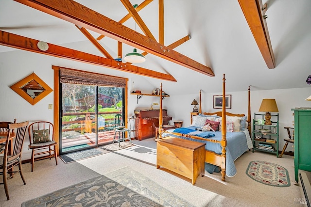 bedroom featuring vaulted ceiling with beams, carpet, and access to outside