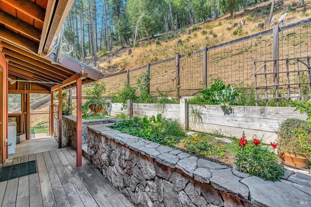 wooden terrace featuring fence