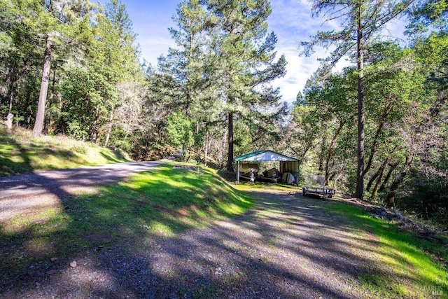 view of road featuring a wooded view and driveway