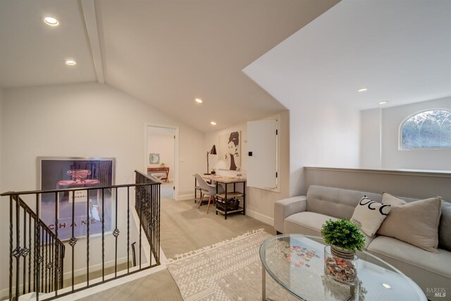 carpeted bedroom featuring access to outside, lofted ceiling with beams, french doors, and a chandelier