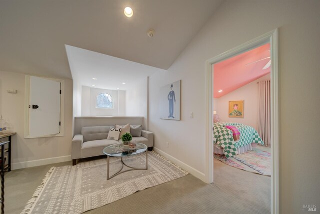 bedroom featuring carpet flooring, an inviting chandelier, and vaulted ceiling with beams