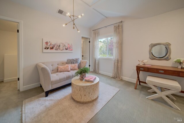 spacious closet with light colored carpet and a notable chandelier