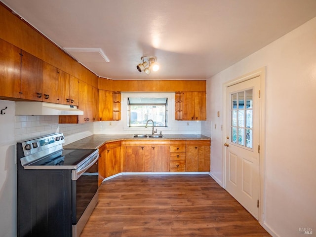 kitchen featuring sink, dark hardwood / wood-style flooring, a healthy amount of sunlight, and stainless steel range with electric cooktop