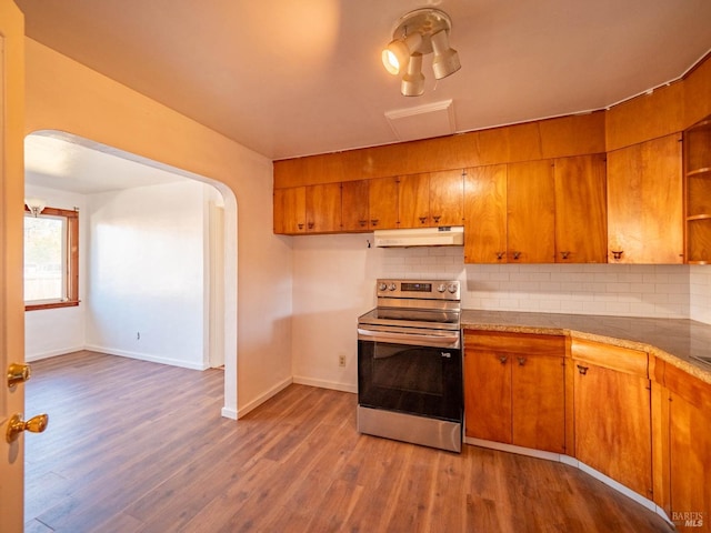 kitchen with decorative backsplash, wood-type flooring, and stainless steel electric range