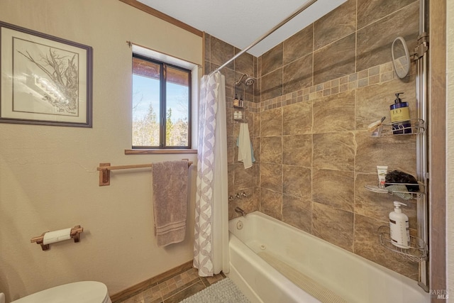 bathroom with tile patterned floors, toilet, and shower / bathtub combination with curtain