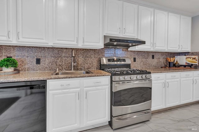 kitchen with white cabinets, black dishwasher, sink, stainless steel gas range oven, and range hood