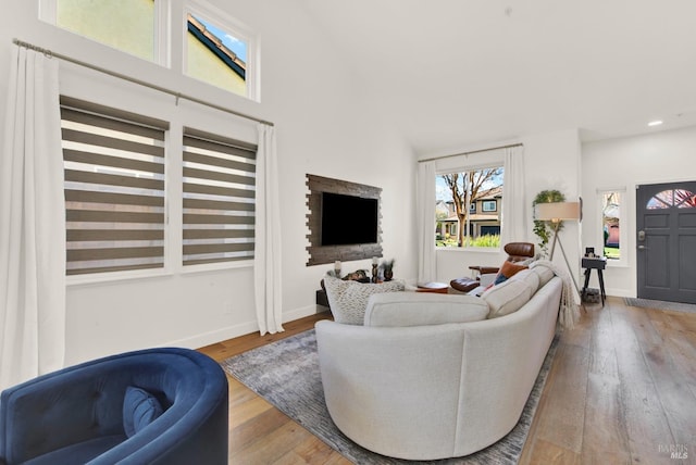 living room with hardwood / wood-style flooring and vaulted ceiling