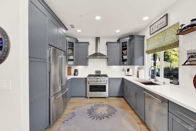 kitchen with sink, gray cabinetry, light hardwood / wood-style flooring, premium appliances, and wall chimney range hood