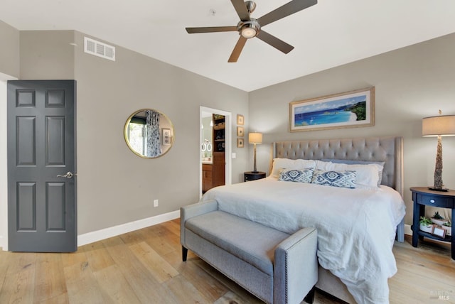 bedroom with ceiling fan and light hardwood / wood-style flooring