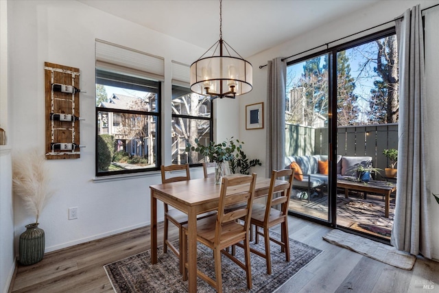 dining room with hardwood / wood-style floors, an inviting chandelier, and a healthy amount of sunlight