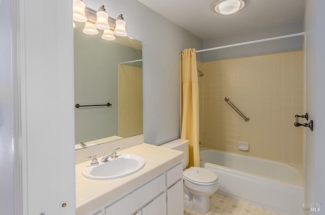 full bathroom featuring toilet, vanity, and shower / tub combo with curtain