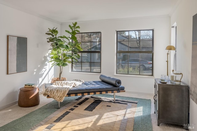 living area with carpet floors, plenty of natural light, and crown molding