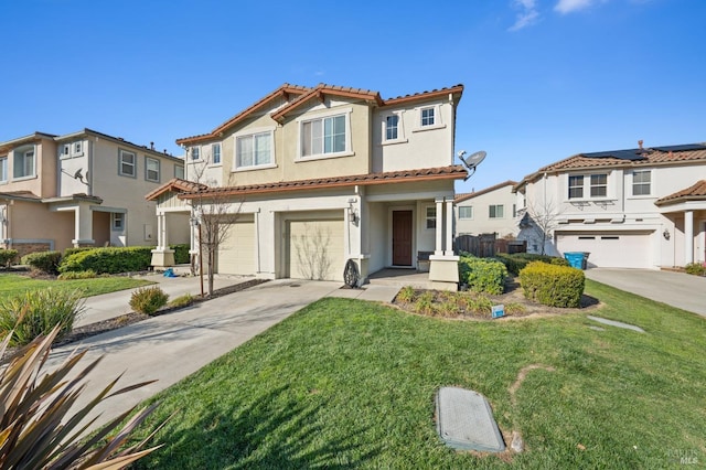 view of front of home with an attached garage, concrete driveway, a tiled roof, a residential view, and a front yard