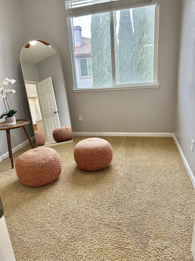 sitting room featuring carpet flooring, plenty of natural light, and baseboards