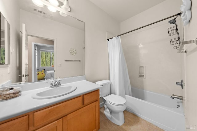 ensuite bathroom featuring shower / tub combo, visible vents, ensuite bathroom, tile patterned flooring, and vanity