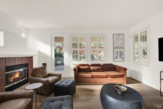 living room featuring wood-type flooring and a tile fireplace