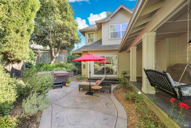 view of patio featuring a hot tub