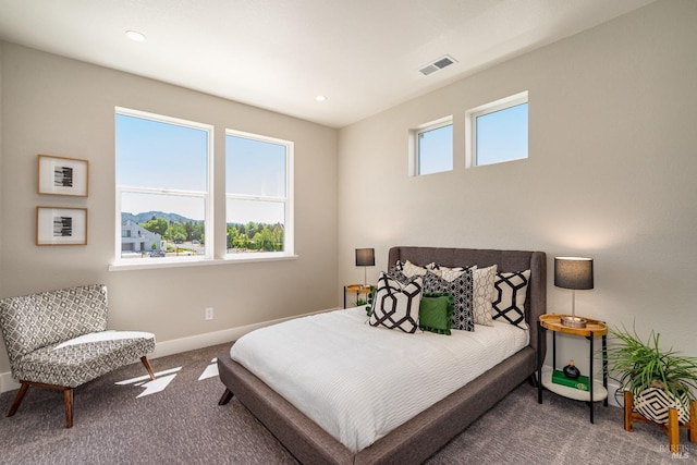 carpeted bedroom with a mountain view