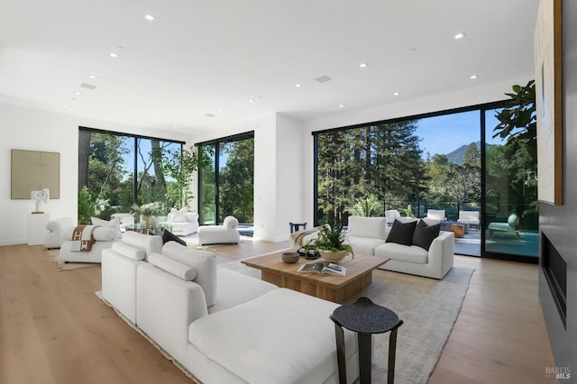 living room with recessed lighting and light wood finished floors