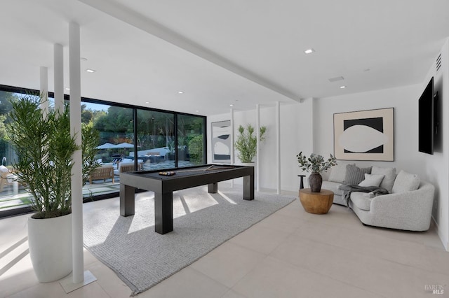 rec room with recessed lighting, pool table, floor to ceiling windows, and tile patterned floors