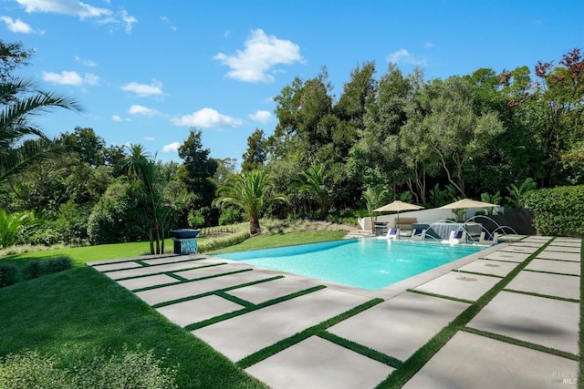 view of pool featuring pool water feature, a yard, and a patio