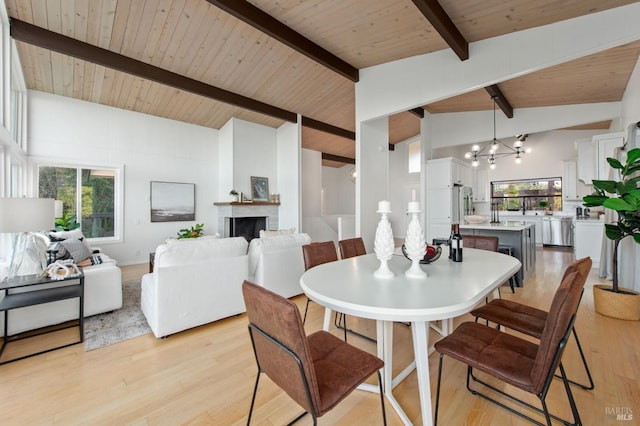 dining room featuring wood ceiling, an inviting chandelier, light wood-type flooring, beamed ceiling, and a healthy amount of sunlight