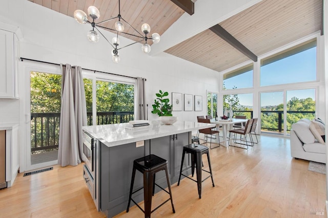 kitchen with pendant lighting, wood ceiling, beam ceiling, high vaulted ceiling, and a kitchen island