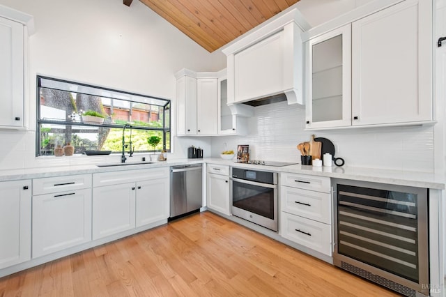 kitchen featuring appliances with stainless steel finishes, sink, white cabinets, wine cooler, and wooden ceiling