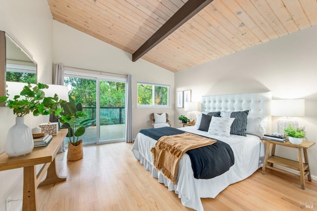 bedroom featuring access to exterior, beam ceiling, light hardwood / wood-style flooring, and wooden ceiling