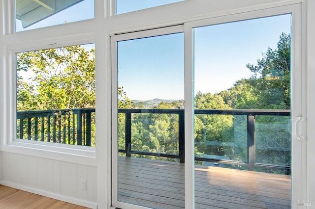 doorway to outside with lofted ceiling, plenty of natural light, and wood-type flooring