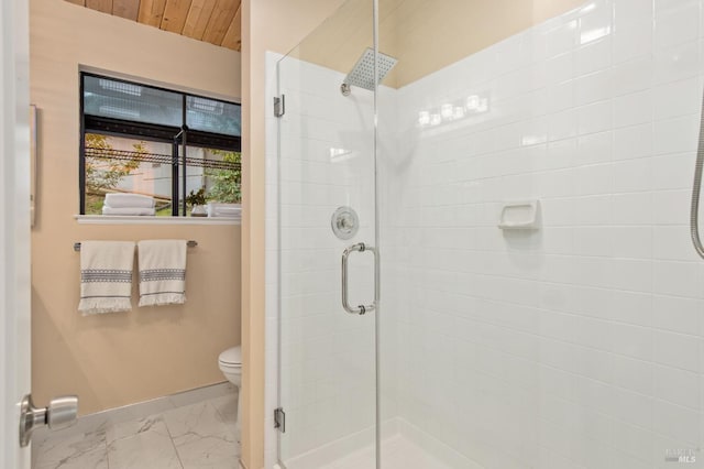 bathroom with toilet, a shower with door, and wooden ceiling