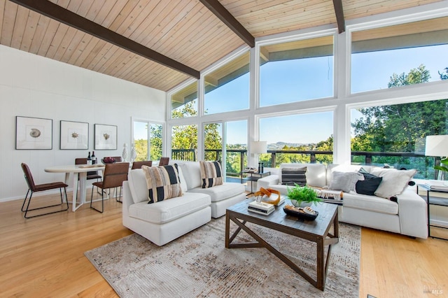 sunroom / solarium with vaulted ceiling with beams and wood ceiling