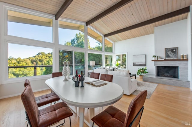 dining room with beamed ceiling, plenty of natural light, light wood-type flooring, and wooden ceiling