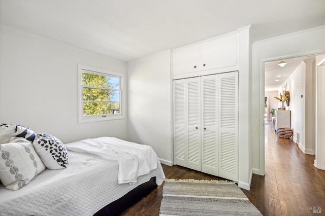 bedroom featuring a closet and dark hardwood / wood-style flooring