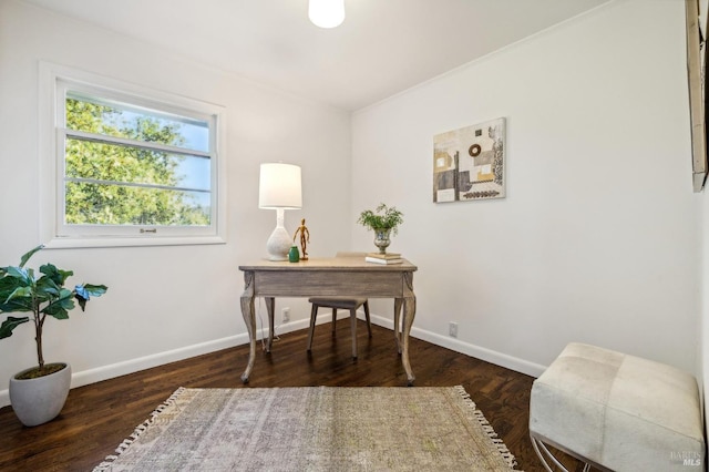 office with dark wood-type flooring