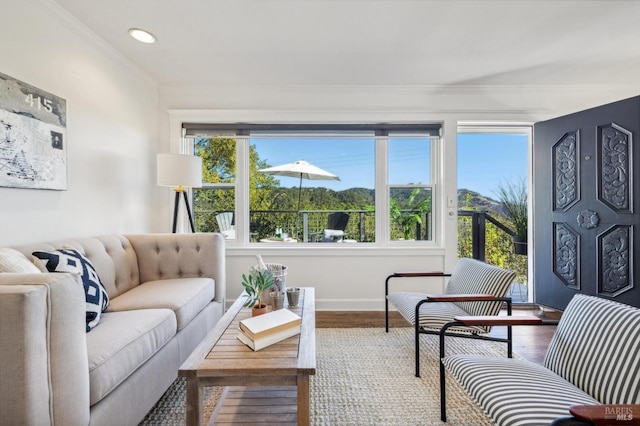 living room with ornamental molding and hardwood / wood-style floors