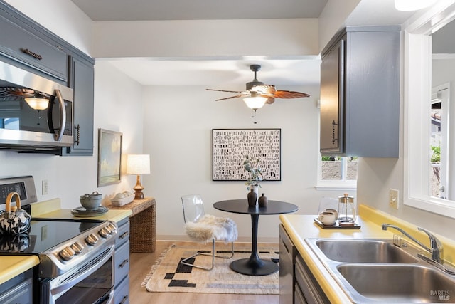 kitchen featuring ceiling fan, sink, gray cabinets, and stainless steel appliances