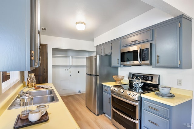 kitchen featuring light wood-type flooring, appliances with stainless steel finishes, and sink