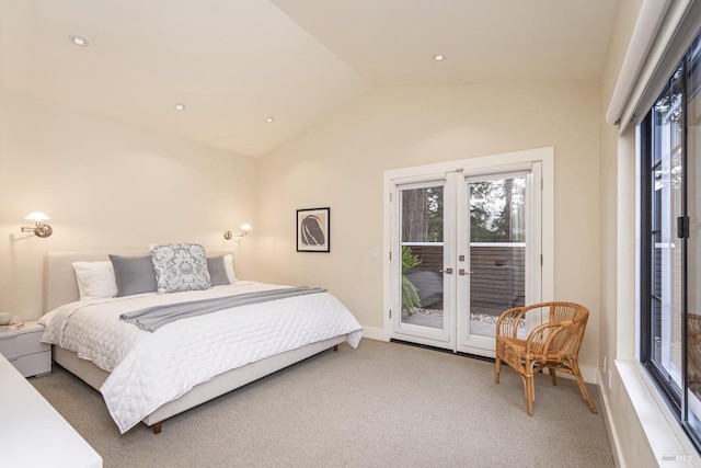 carpeted bedroom featuring lofted ceiling, recessed lighting, baseboards, access to outside, and french doors