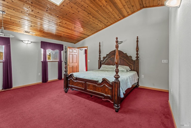 carpeted bedroom with vaulted ceiling, ornamental molding, and wooden ceiling