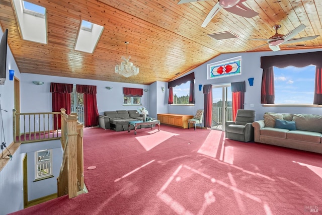 carpeted living room with a skylight, wood ceiling, ceiling fan with notable chandelier, and high vaulted ceiling