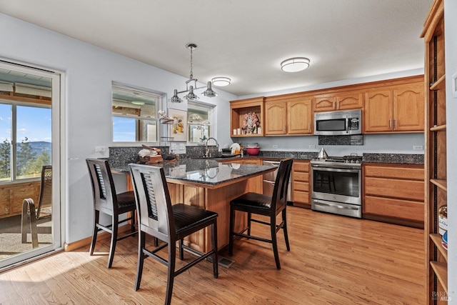 kitchen with hanging light fixtures, light wood-type flooring, stainless steel appliances, and a healthy amount of sunlight