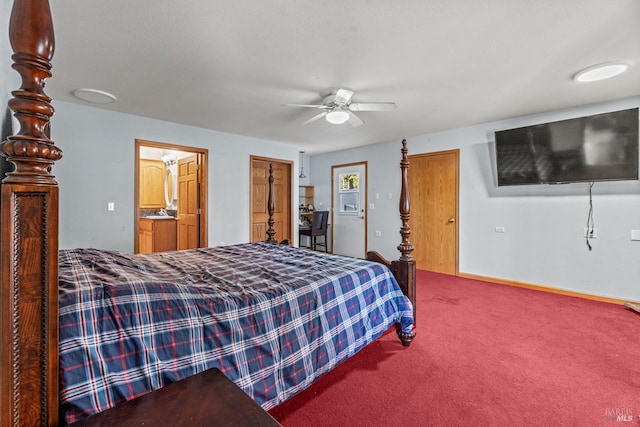 carpeted bedroom featuring ceiling fan and connected bathroom