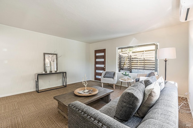 living room with carpet flooring and a wall mounted air conditioner